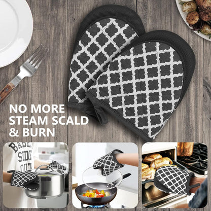 1 Pair Short Oven Mitts - Silicone Kitchen Oven Gloves High Heat Resistant 500℉, Mini Oven Mits with Non-Slip Grip Surfaces and Hanging Loop for BBQ, Baking, Cooking and Grilling (Black)