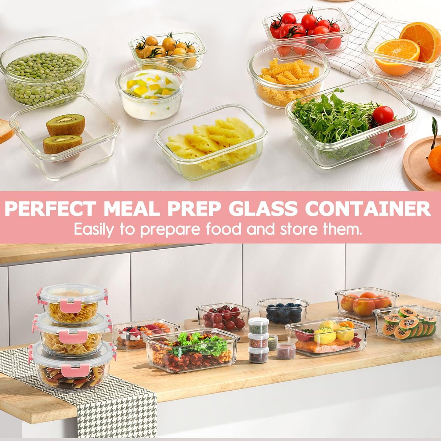 34pcs Glass Food Storage Containers with Lids Set, Airtight Glass Meal Prep Containers (17 Containers & 17 Lids), Leak Proof Lunch Container BPA-Free, Microwave, Oven, Freezer, Dishwasher Safe-Blue