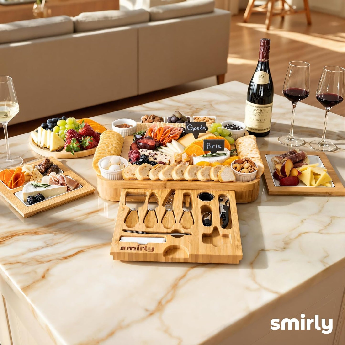 SMIRLY Charcuterie Boards Set - Large Bamboo Cheese Board Set - House Warming Gifts New Home, Wedding Gift for Couple, Bridal Shower Gift, Birthday Gifts for Women