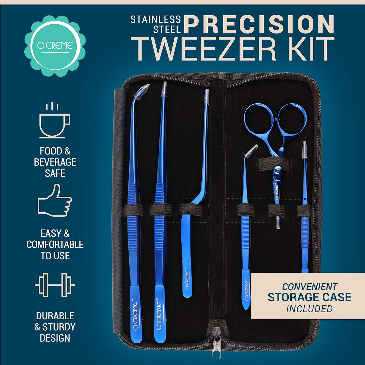 O'Creme Set of Culinary Tweezer Tongs Offset, Straight and Curved, Plus Super Sharp Chef Scissors, Total 6 Pieces (Rose Gold)