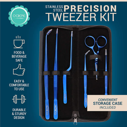 O'Creme Set of Culinary Tweezer Tongs Offset, Straight and Curved, Plus Super Sharp Chef Scissors, Total 6 Pieces (Rose Gold)