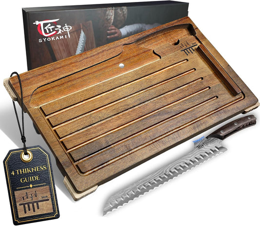 SYOKAMI Acacia Wood Bread Slicer with Bread Knife, Bread Board Bread Cutter