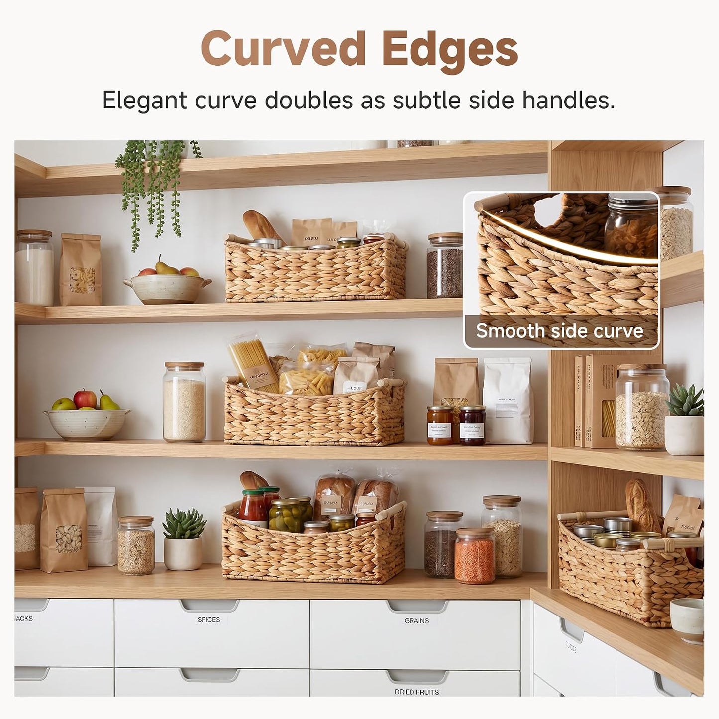 StorageWorks Wicker Baskets for Organizing, Water Hyacinth Storage Baskets with Handles, Woven Baskets for Pantry Storage, 13" x 8¼" x 7", 2-Pack