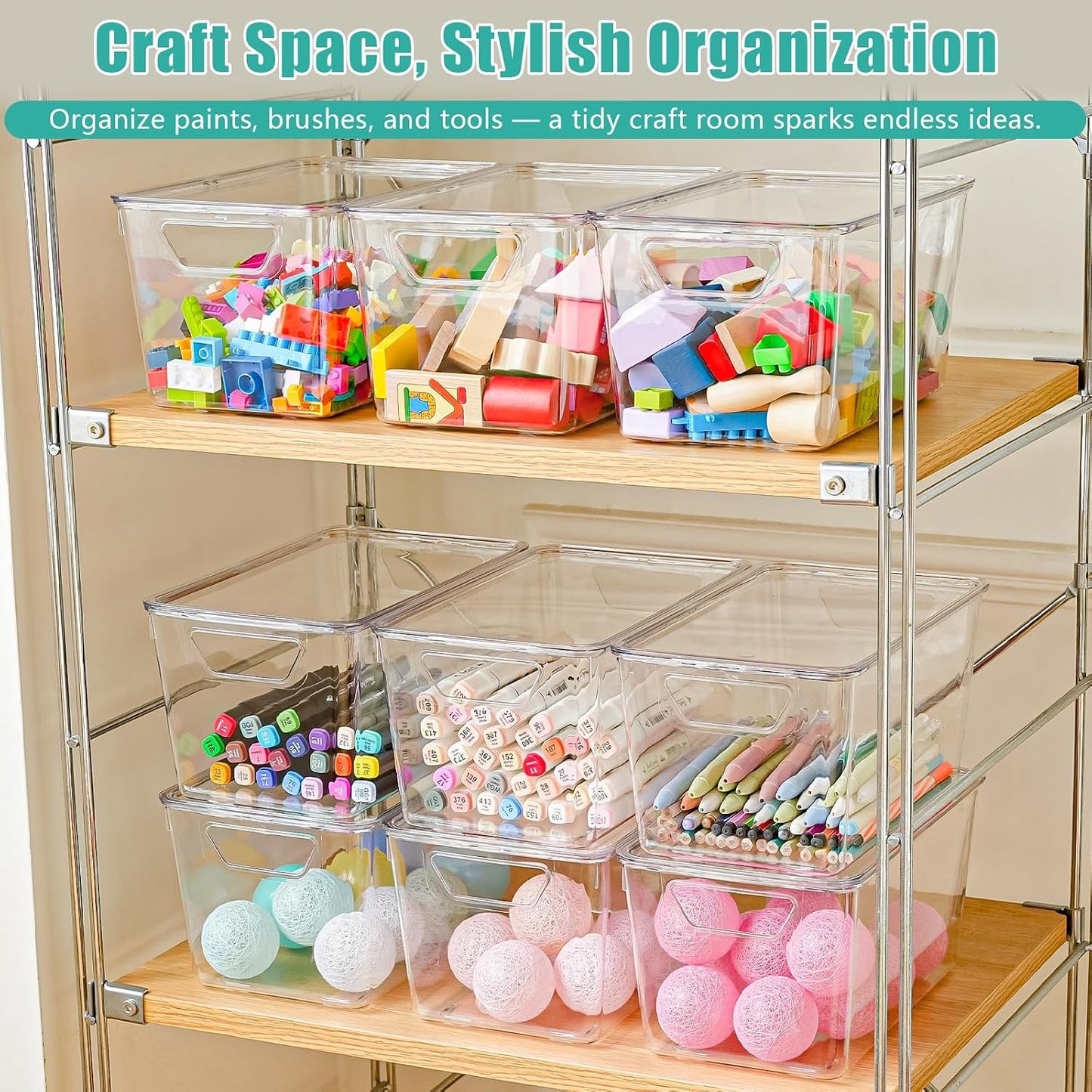 6 Pack Small Clear Storage Bins with Lids, Acrylic Arts and Craft Storage Containers, Stackable Clear Plastic Craft Storage Bins with Handles for Pantry Organizers and Storage, Kitchen, Fridge, Office