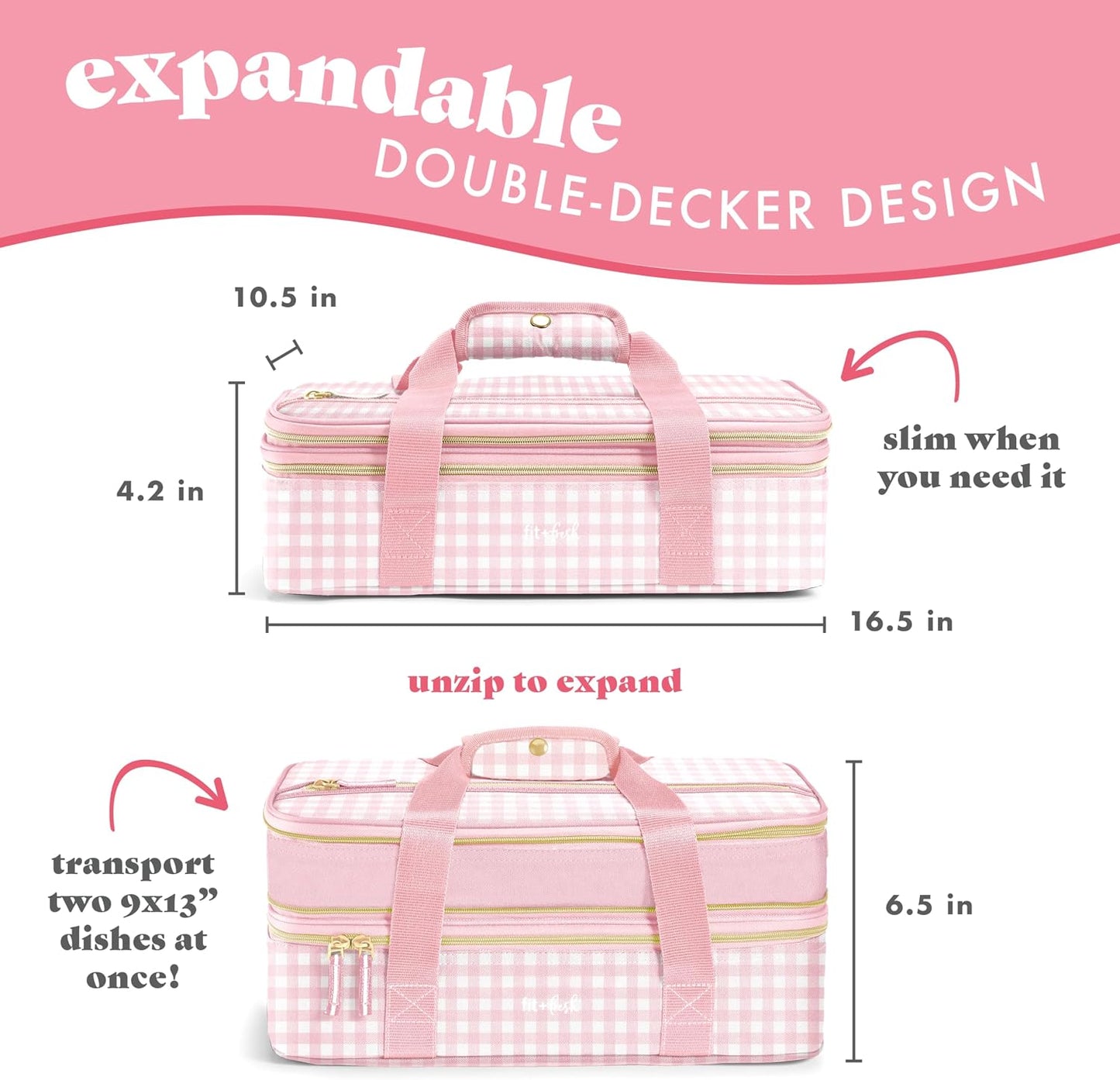 Fit & Fresh Insulated Casserole Carrier - Double Decker Food Carrier Fits Two 9x13 Dishes, Expandable Hot & Cold Food Transport Bag with Zipper Pocket for Potluck, Easter & Travel, Pink Gingham