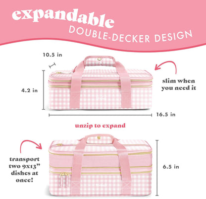 Fit & Fresh Insulated Casserole Carrier - Double Decker Food Carrier Fits Two 9x13 Dishes, Expandable Hot & Cold Food Transport Bag with Zipper Pocket for Potluck, Easter & Travel, Pink Gingham