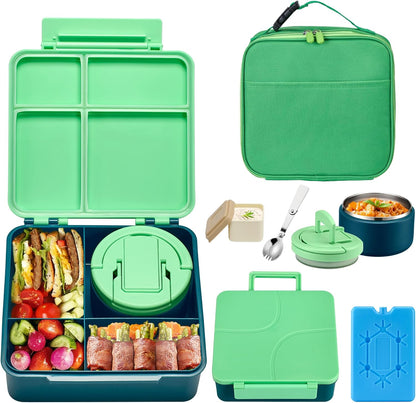 Bento Lunch Box with 8oz Soup Thermo,Kids Leakproof 4 Compartment Lunch Food Containers with Sauce Cup and Ice Pack,Kids Thermo Insulated Hot Food Jar and Lunch Bag for School,Trvael-Black