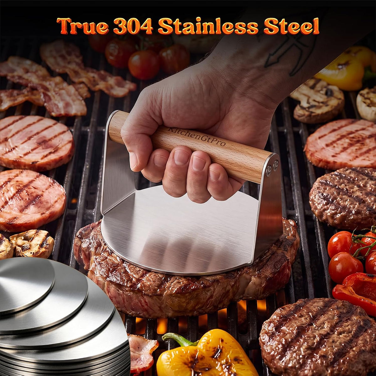 Smash Burger Press Stainless Steel, Grill Patty Bacon Press