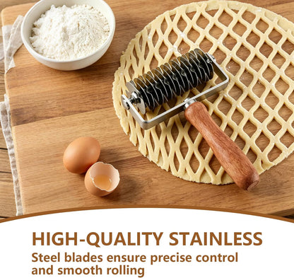 Lattice Pastry Cutter, Stainless Steel Pastry Lattice Roller Cutter, Multipurpose Lattice Rolling Cutting Knife with Wood Handle for Pizza, Biscuits, Bread, Pie, 7.9x5.1in