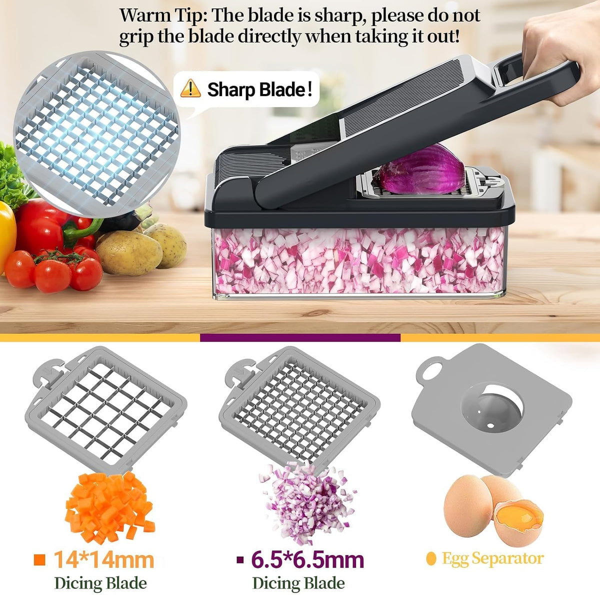 12-in-1 Vegetable Chopper 7 Blades, Veggie Cutter with Handle, Black/White