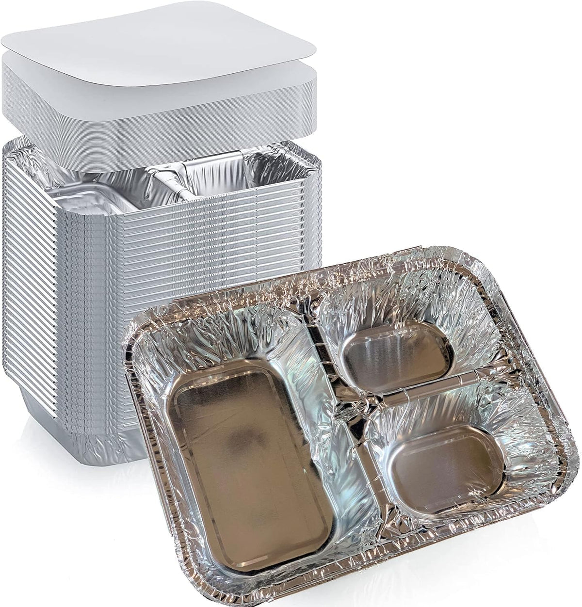 8.5x6.5x1.5 Inch 3-Compartment Aluminum Foil Tray with Paperboard Lid, 20 Sets | Commercial Disposable Combo Pack for Catering, Takeout, Meal Prep