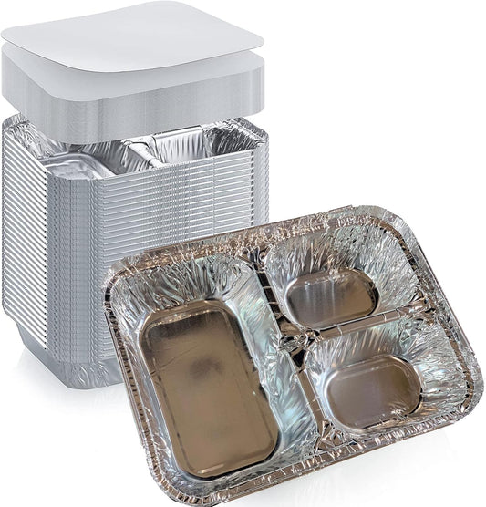 8.5x6.5x1.5 Inch 3-Compartment Aluminum Foil Tray with Paperboard Lid, 20 Sets | Commercial Disposable Combo Pack for Catering, Takeout, Meal Prep