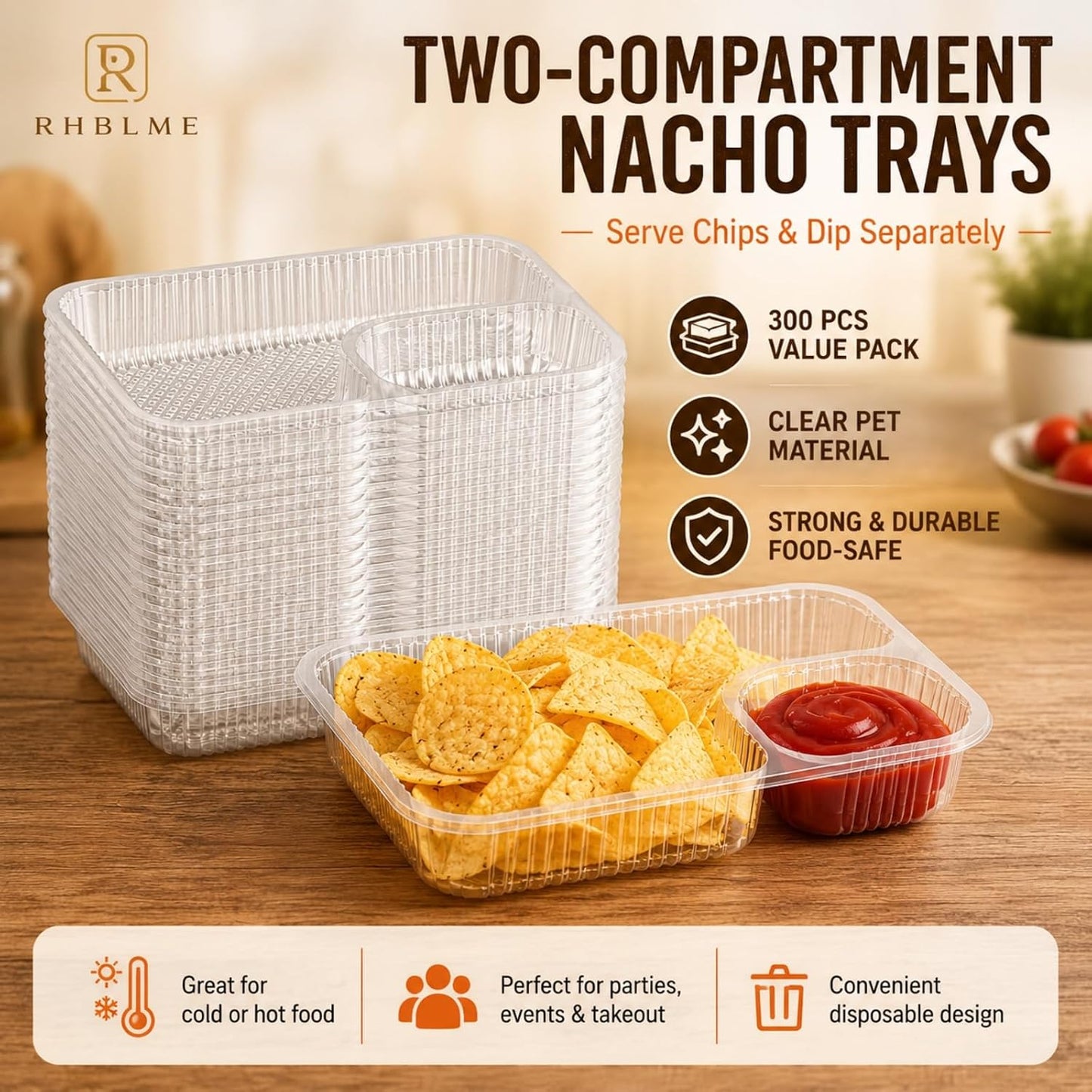 RHBLME 300 Pack Large 8"x6" Plastic Nacho Trays, 2 Compartment Disposable, Plastic Nacho Containers with Chip and Dip Holder for Party, Festivals, Kids, Theater
