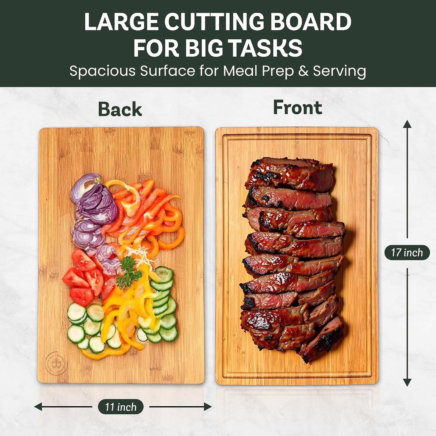 Bamboo Cutting Board Set for Kitchen - 3 Piece Reversible Wooden Cutting Boards, Wood Chopping Boards for Meat, Bread, Fruit, Cheese, Meal Prep, Wood Board and Charcuterie Serving Boards by Bambusi