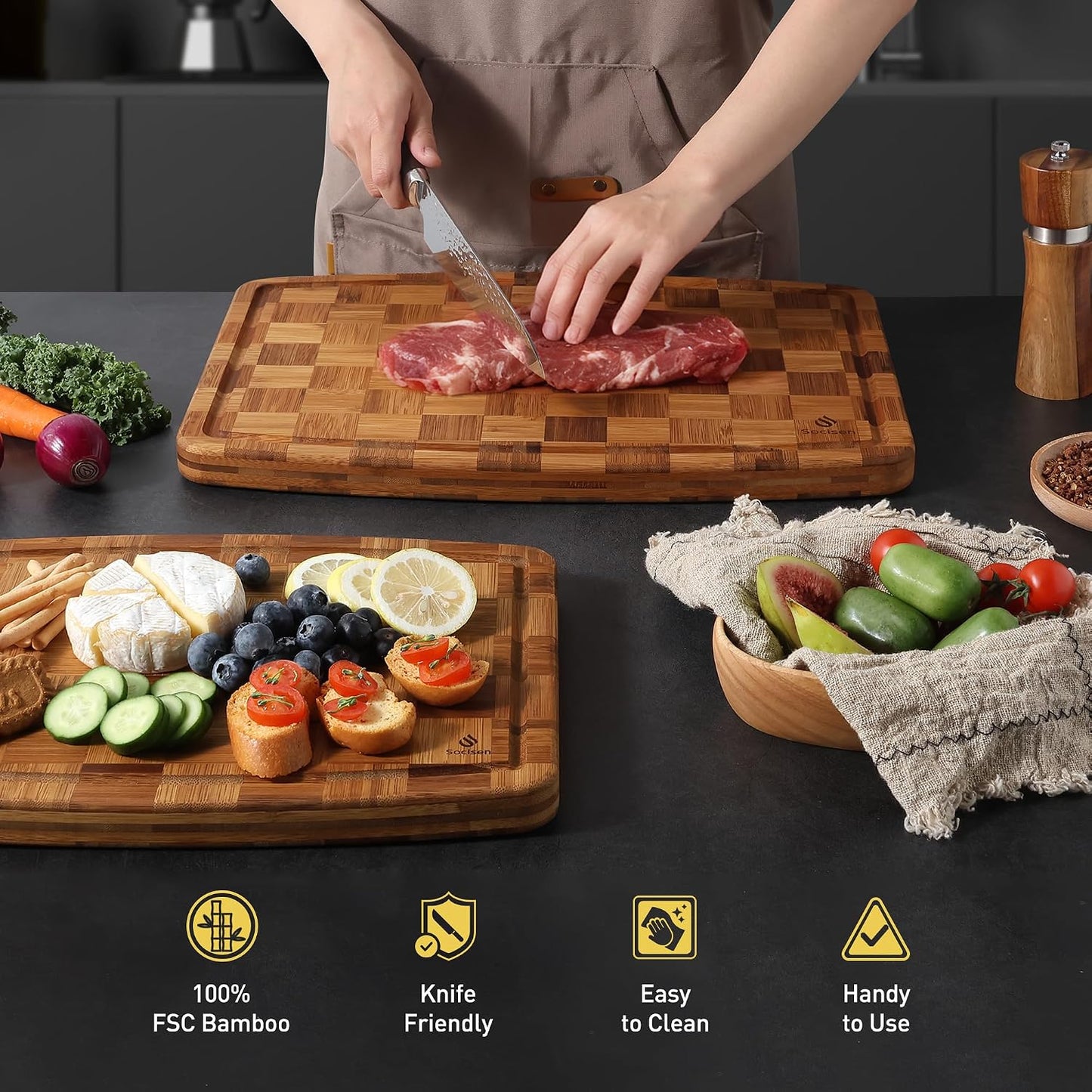 3 Pack Bamboo Cutting Board Set Non Toxic Wooden Cutting Board for Kitchen Non Slip Solid End Grain Thick Wood Juice Groove Chopping Board Edge Grain Teak Smart Marble Flexible Round Stone Metal