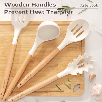 Astercook 39 PCS Kitchen Utensils Set, Silicone Cooking Utensil Sets with Wooden Handle, 446°F Heat Resistant Food Grade Spatula Set, BPA Free Kitchen Gadgets Tools Set & Spoons for Nonstick Cookware
