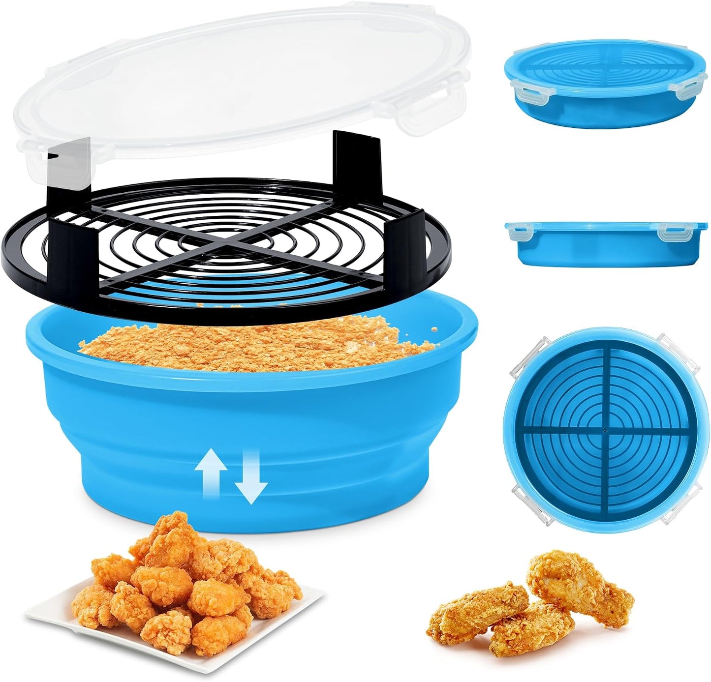 FJNATINH Collapsible Batter Bowl - Mess Free Better Breader Shaker Bowl with Lid Breading Shaker Container for Fried Fish, Fried Chicken, Onion Rings & More,No Leak,Easy to Store,Light Blue
