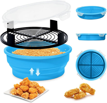 FJNATINH Collapsible Batter Bowl - Mess Free Better Breader Shaker Bowl with Lid Breading Shaker Container for Fried Fish, Fried Chicken, Onion Rings & More,No Leak,Easy to Store,Light Blue