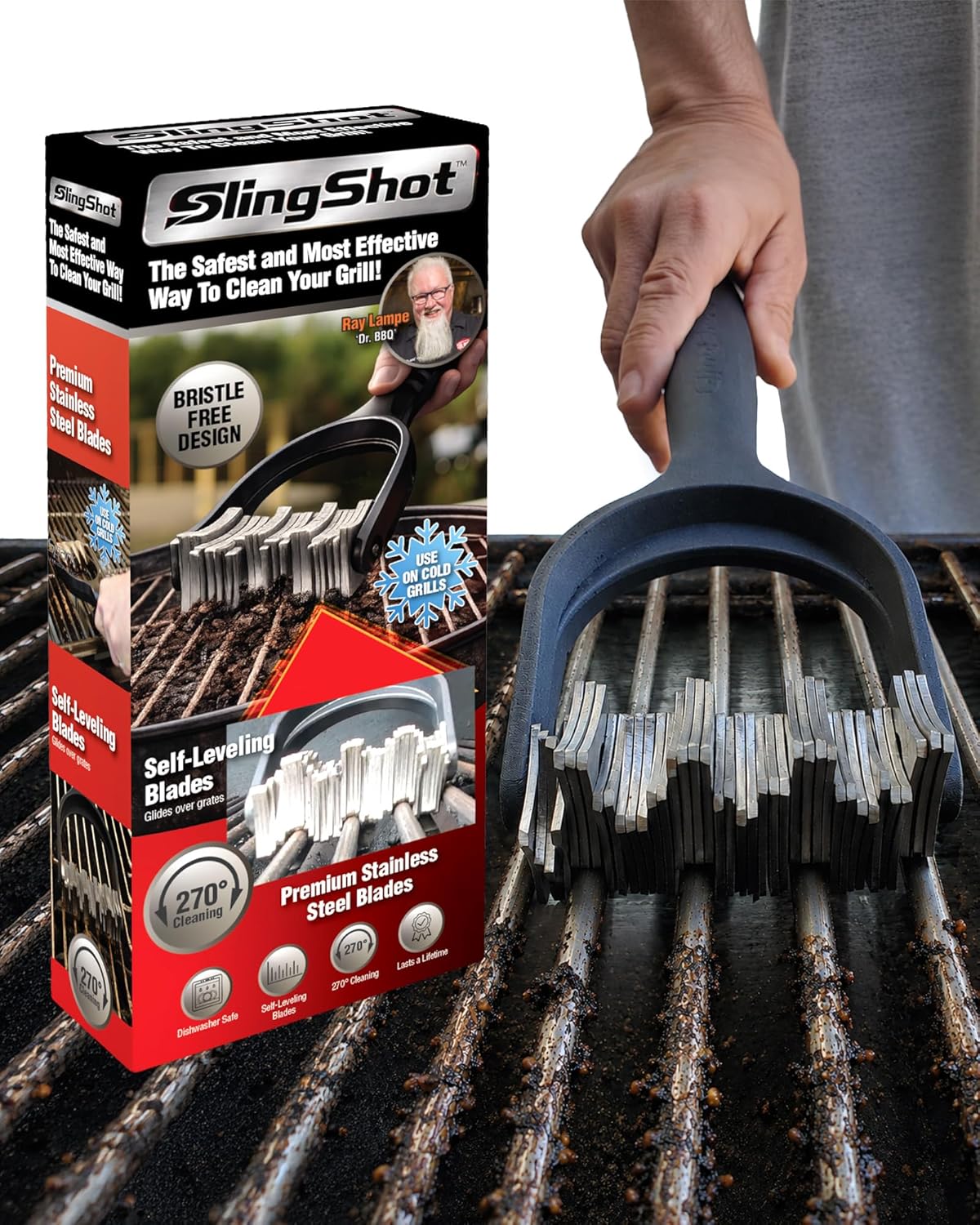 Slingshot Grill Cleaner- Bristle-Free BBQ Tool for Outdoor Grates, Heavy Duty Grill Scrubber, Stainless Steel Blades, Cold Grill Cleaning Accessory for Grilling Maintenance