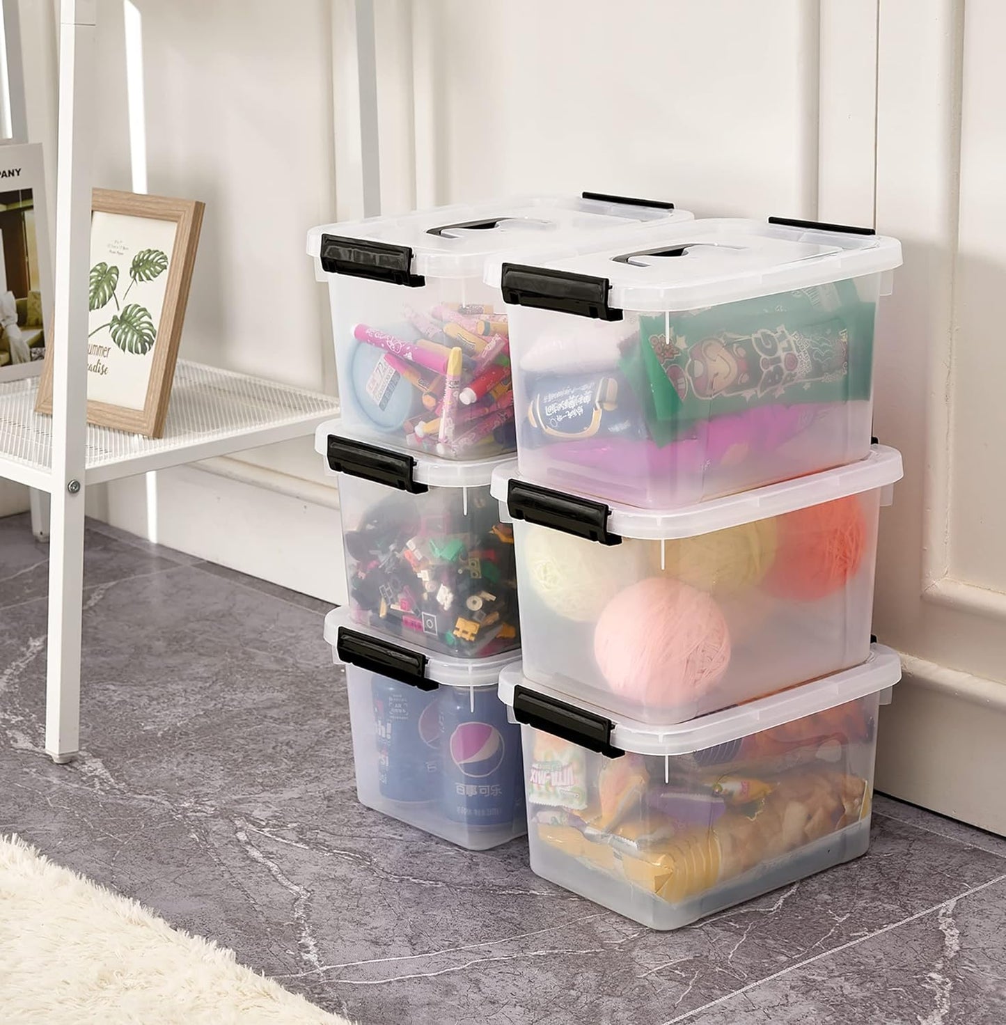 6 Quart Stackable Plastic Storage Bins with Lids, 6 Pack Clear Black Small Organizer Boxes with Latches for Bathroom, Pantry, Office Desk and Small Item Storage