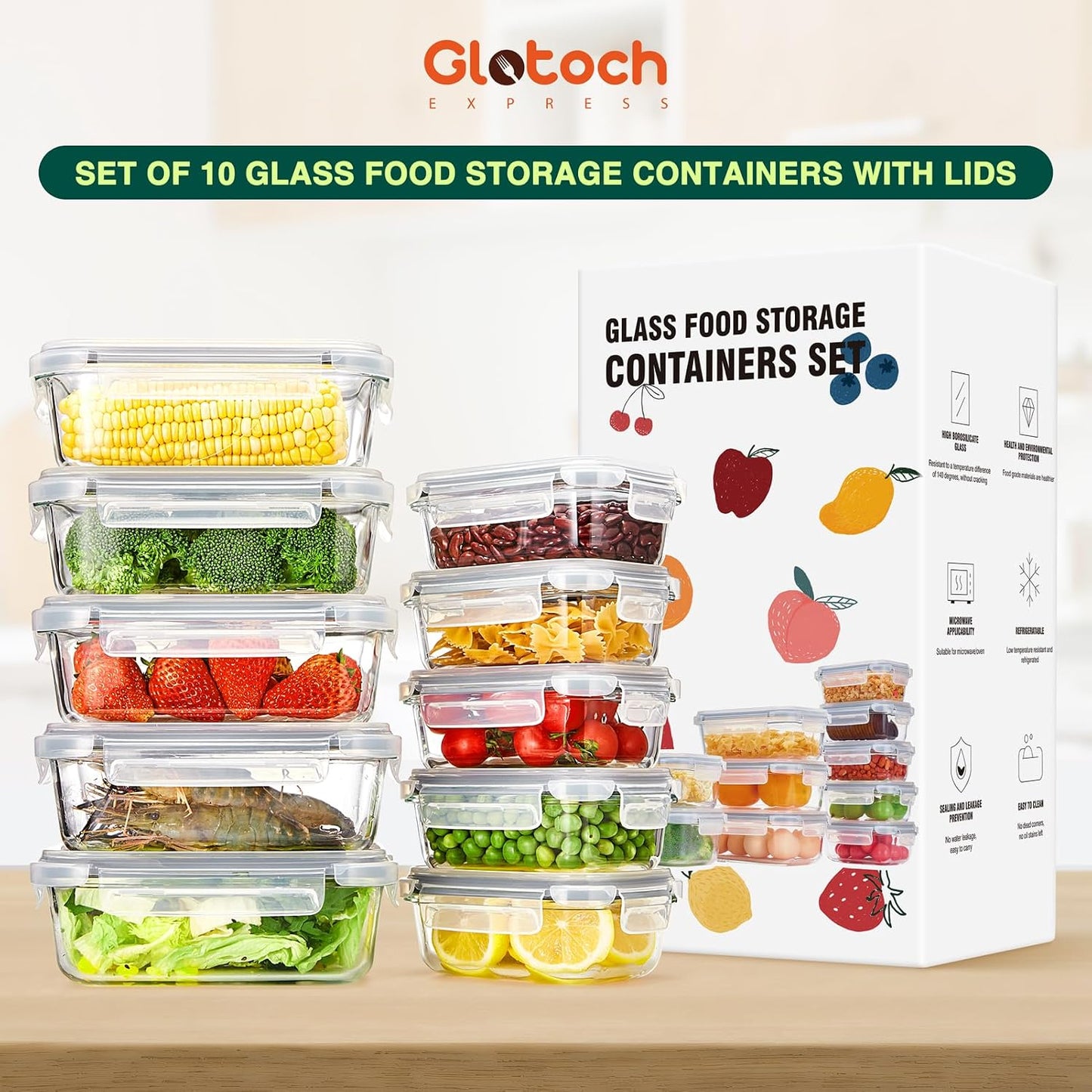 Glotoch glass meal prep containers food storage containers with lids, 5 pack of ultra-durable borosilicate, Leak-proof lunch boxes, Oven, microwave, freezer and dishwasher safe