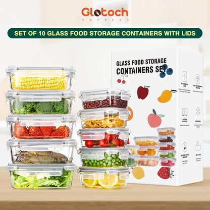 Glotoch glass meal prep containers food storage containers with lids, 5 pack of ultra-durable borosilicate, Leak-proof lunch boxes, Oven, microwave, freezer and dishwasher safe