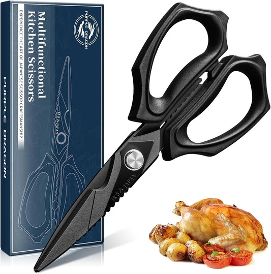 Purple Dragon Kitchen Scissors for Food - Stainless Steel Cooking Scissors All Purpose - Kitchen Shear Heavy Duty for Meat Cutting - Dishwasher Safe - Gifts for Men and Women - Silver Sharp Blade