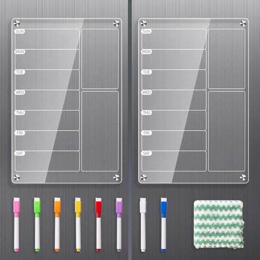 2 Pack Magnetic Meal Planner for Fridge, Acrylic Weekly Planner & Menu Board Set, Clear Fridge Whiteboard Calendar with 8 Markers & 1 Towel, Meal & Grocery Organization for Kitchen