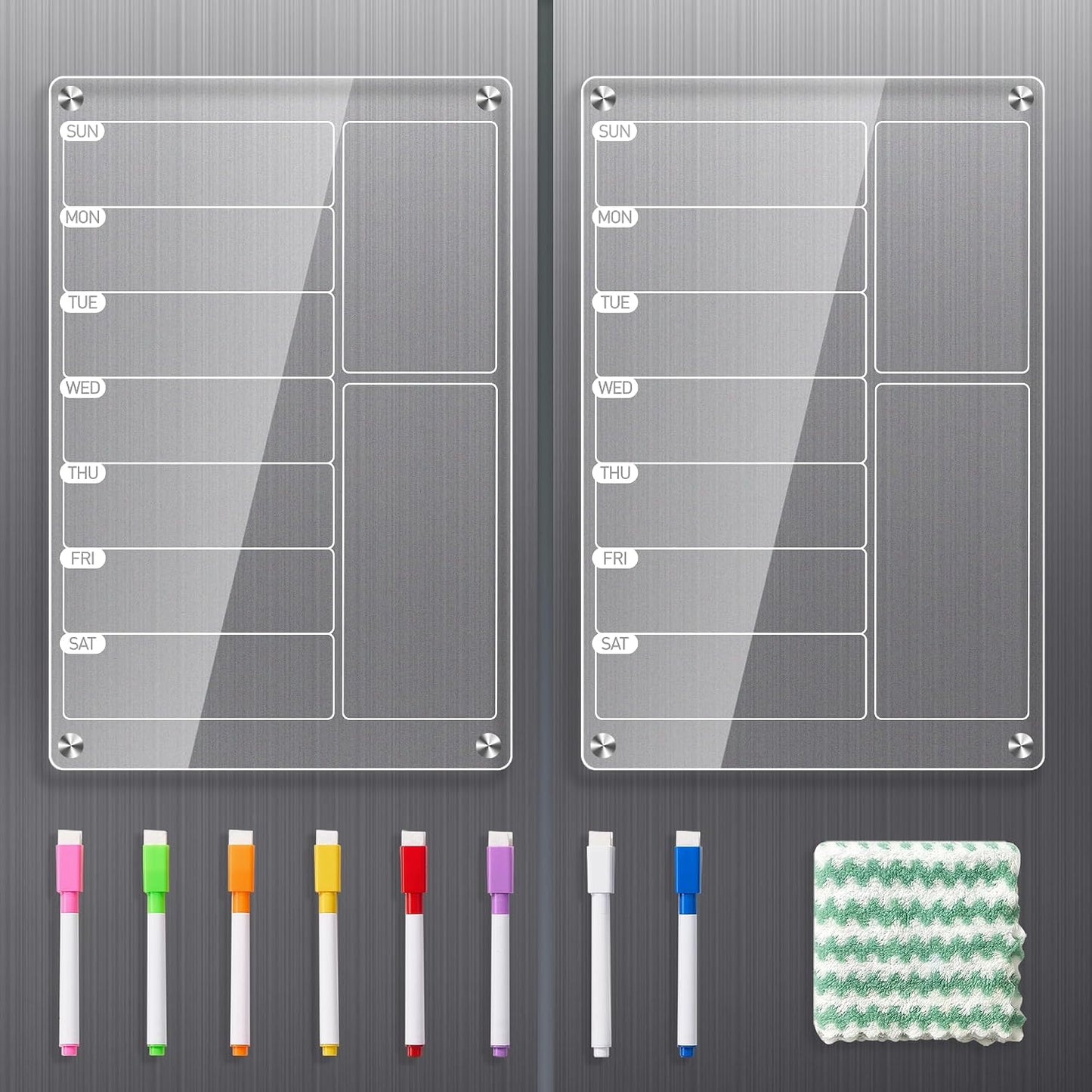 2 Pack Magnetic Meal Planner for Fridge, Acrylic Weekly Planner & Menu Board Set, Clear Fridge Whiteboard Calendar with 8 Markers & 1 Towel, Meal & Grocery Organization for Kitchen