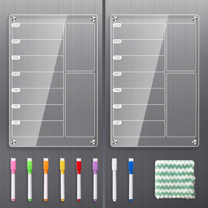 2 Pack Magnetic Meal Planner for Fridge, Acrylic Weekly Planner & Menu Board Set, Clear Fridge Whiteboard Calendar with 8 Markers & 1 Towel, Meal & Grocery Organization for Kitchen