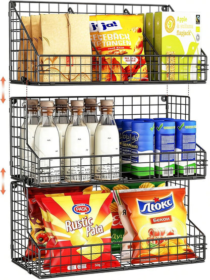 X-cosrack 3 Tier Large Stackable Snack Organizer - Versatile Wall Mounted Wire Storage Basket with Divider for Candy Chip Cans Bars - Ideal for Pantry Office Home