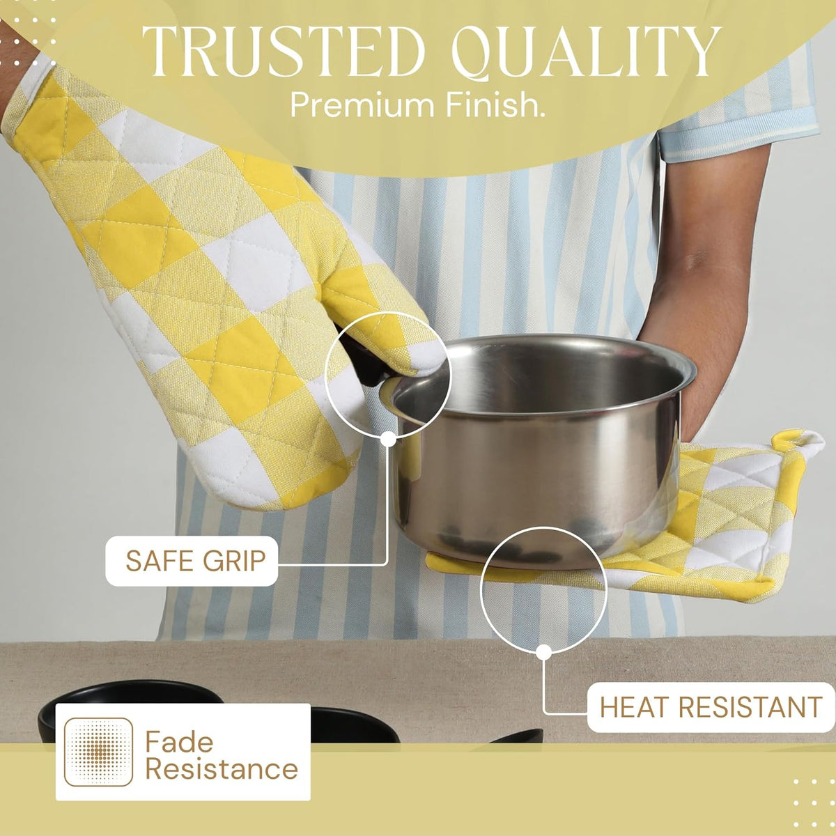 Oven Mitt (7"x13") & Pot Holder (8"x8") 100% Cotton Set of Heat Resistant Oven Gloves & Hot Pads for Gifts, BBQ, Cooking, Baking, Thanksgiving - Mustard Yellow