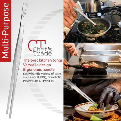 Chef's Trade Professional Kitchen & Cooking Tweezers/Tongs 12" Stainless Steel Multi-Use