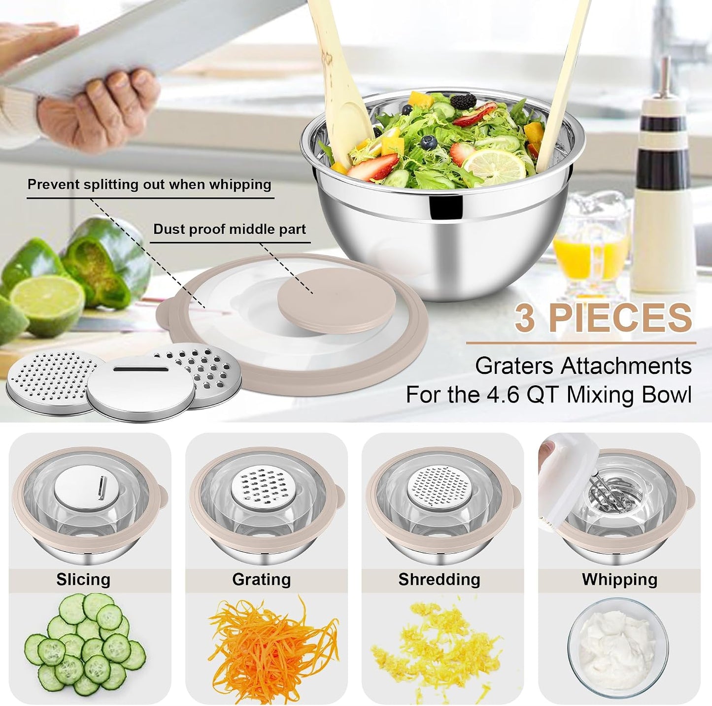 E-far Mixing Bowls Set of 5, Stainless Steel Salad Mixing Bowl with Transparent Lid, Metal Nesting Bowl Attach with 3 Graters for Kitchen Prepping/Serving/Baking/Storage, 4.6/2.6/1.5/1/0.7 QT - Black