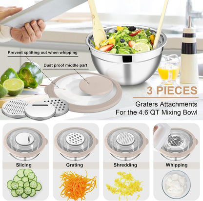 E-far Mixing Bowls Set of 5, Stainless Steel Salad Mixing Bowl with Transparent Lid, Metal Nesting Bowl Attach with 3 Graters for Kitchen Prepping/Serving/Baking/Storage, 4.6/2.6/1.5/1/0.7 QT - Black