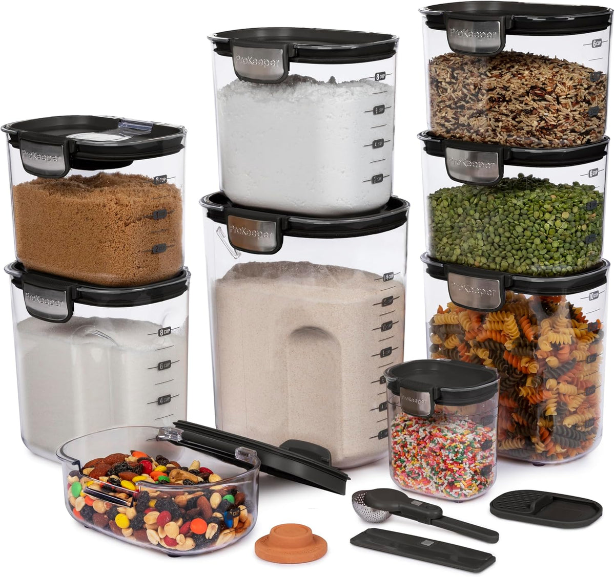 ProKeeper+ Airtight Food Storage Container Set – Clear Plastic Flour and Sugar Canister Set with Magnetic Accessories for Kitchen Organization (Grey, 9-Piece)