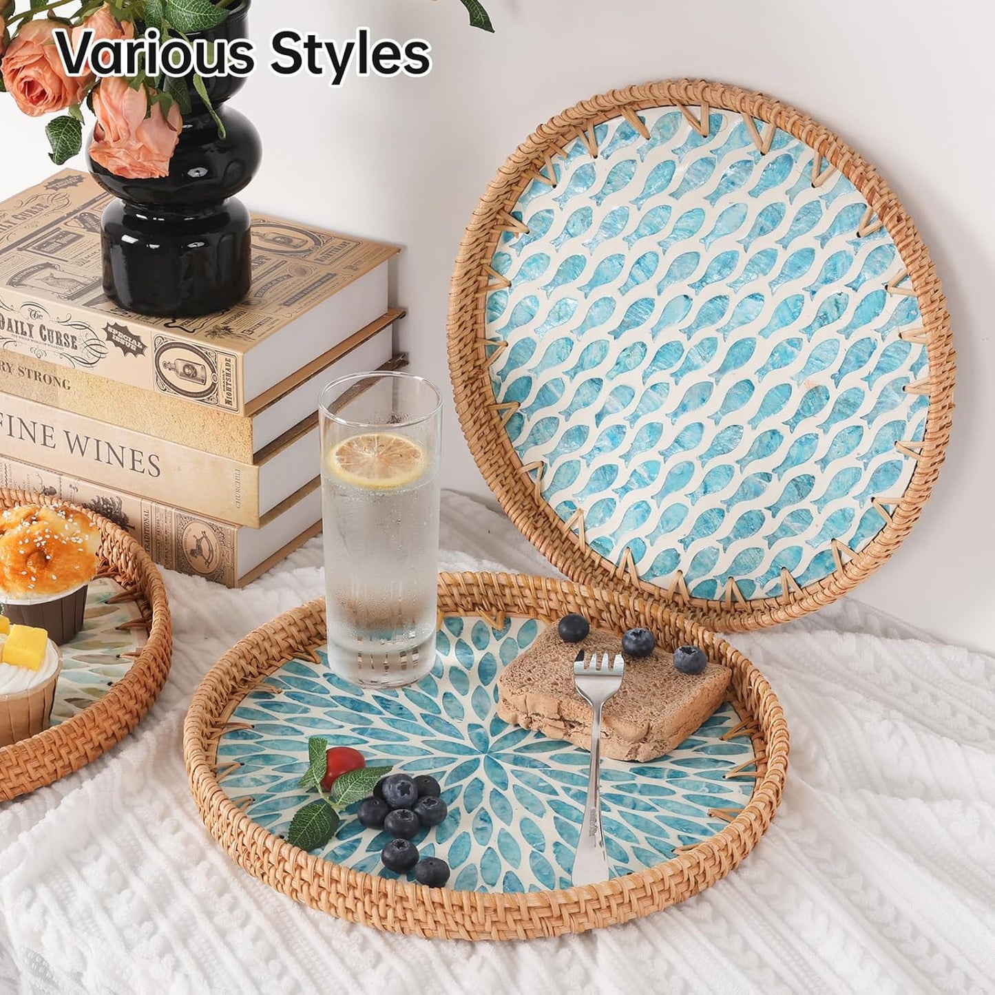 Round Rattan Tray with Mother of Pearl Inlay, Rattan Serving Tray for Coffee, Bread, Fruits, Decorative Wicker Tray for Table Decor, Home Decor, Kitchen Island Decor(Black Checkerboard, 11.8")