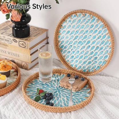 Round Rattan Tray with Mother of Pearl Inlay, Rattan Serving Tray for Coffee, Bread, Fruits, Decorative Wicker Tray for Table Decor, Home Decor, Kitchen Island Decor(Black Checkerboard, 11.8")