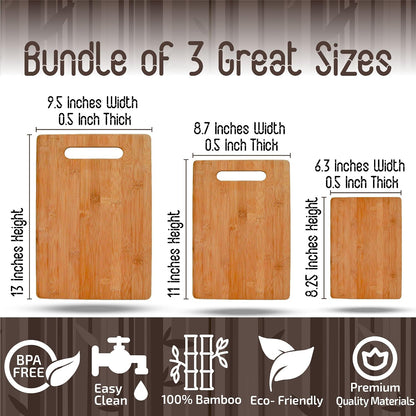Bamboo Cutting Board Set for Kitchen - 3 Piece Reversible Wooden Cutting Boards, Wood Chopping Boards for Meat, Bread, Fruit, Cheese, Meal Prep, Wood Board and Charcuterie Serving Boards by Bambusi