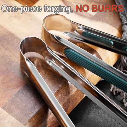 Stainless Steel Kitchen Tong Set - Anti-Slip Heat-Resistant Grip, Widened 3-Line Slotted Heads for Easy Clamping (Steaks, BBQ, Pasta, Salads), Easy Clean for Versatile Use Set of 3-6", Silver