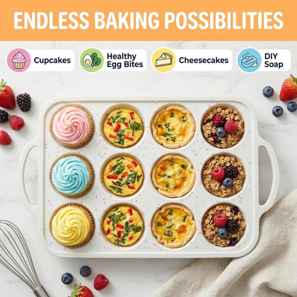 2-Pack Silicone Muffin Pan Set – Regular 12 Cup & Mini 24-Cup Silicone Muffin Pans for Baking – Nonstick Silicone Cupcake Pan with Metal-Reinforced Handles – BPA-Free, Dishwasher-Safe, Cream