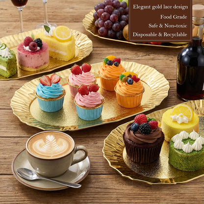 6 Pack Gold Serving Platter Set, Plastic Serving Tray Gold Platters Reusable Party Snack Servings Tray Decorative Food Appetizer Platters for Dessert Cupcake Charcuterie Sushi Snack(14" x 8.5")
