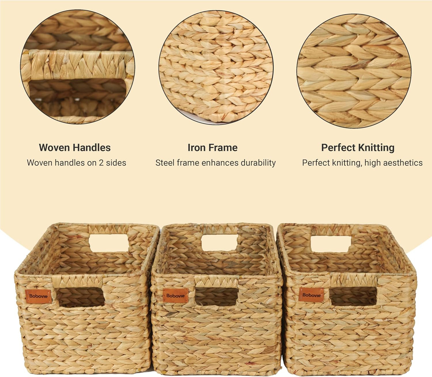 Large Wicker Storage Baskets, Set of 3, Water Hyacinth Basket Organizer, 14.2x10.2x8.7H Inches -Great Storage Solution for Shelf and Pantry Storage