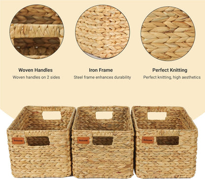 Large Wicker Storage Baskets, Set of 3, Water Hyacinth Basket Organizer, 14.2x10.2x8.7H Inches -Great Storage Solution for Shelf and Pantry Storage
