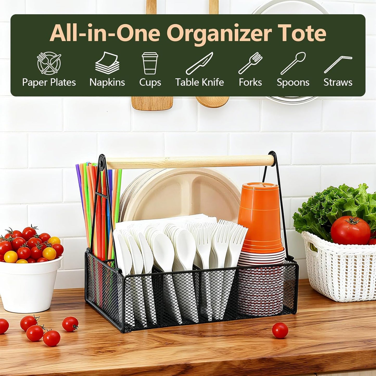 Metal Silverware Caddy for Countertop – 7 Compartment Paper Plate and Utensil Organizer with Side Handles – Cutlery Holder for Party, Buffet, Picnic, or Kitchen Table