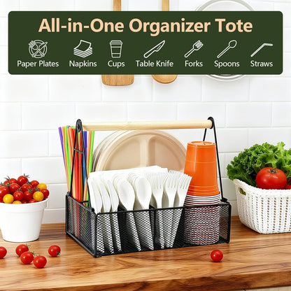 Metal Silverware Caddy for Countertop – 7 Compartment Paper Plate and Utensil Organizer with Side Handles – Cutlery Holder for Party, Buffet, Picnic, or Kitchen Table