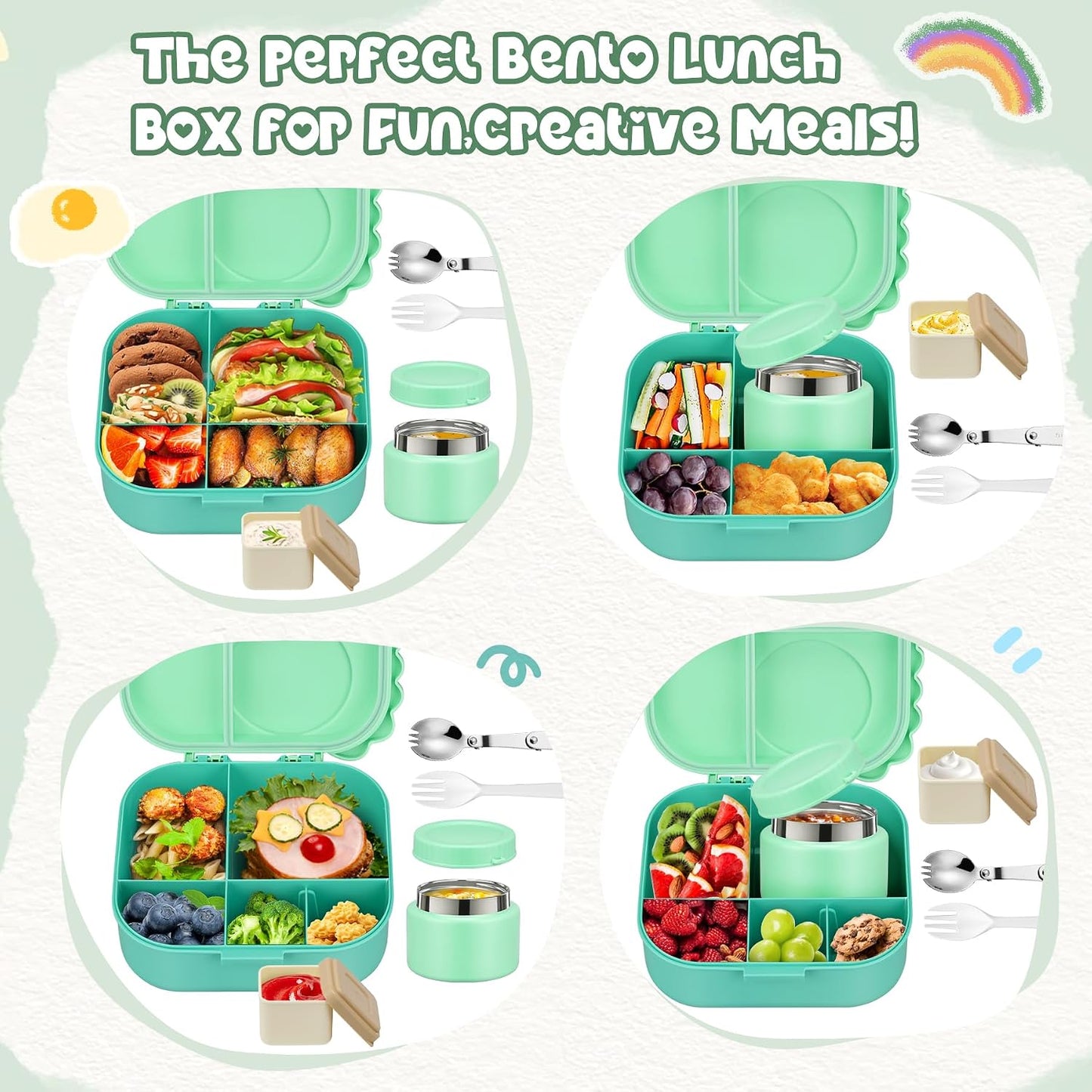 Aimsnk Magical Dinosaur Kids Lunch Box Set -12oz Insulated Food Jar, Leakproof Lunch Food Containers Cutlery, Leak-Proof Sauce Cup & Spoon, Gradient Green+Jar Green