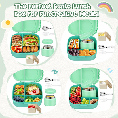 Aimsnk Magical Dinosaur Kids Lunch Box Set -12oz Insulated Food Jar, Leakproof Lunch Food Containers Cutlery, Leak-Proof Sauce Cup & Spoon, Gradient Green+Jar Green