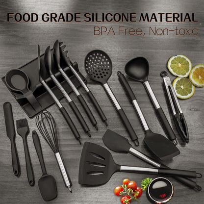 Silicone Kitchen Utinsels Sets Heat Resistant Kitchen Utensils Set, Stainless Silicone Utensils Set for Nonstick Cookware, BPA Free, Dishwasher Safe