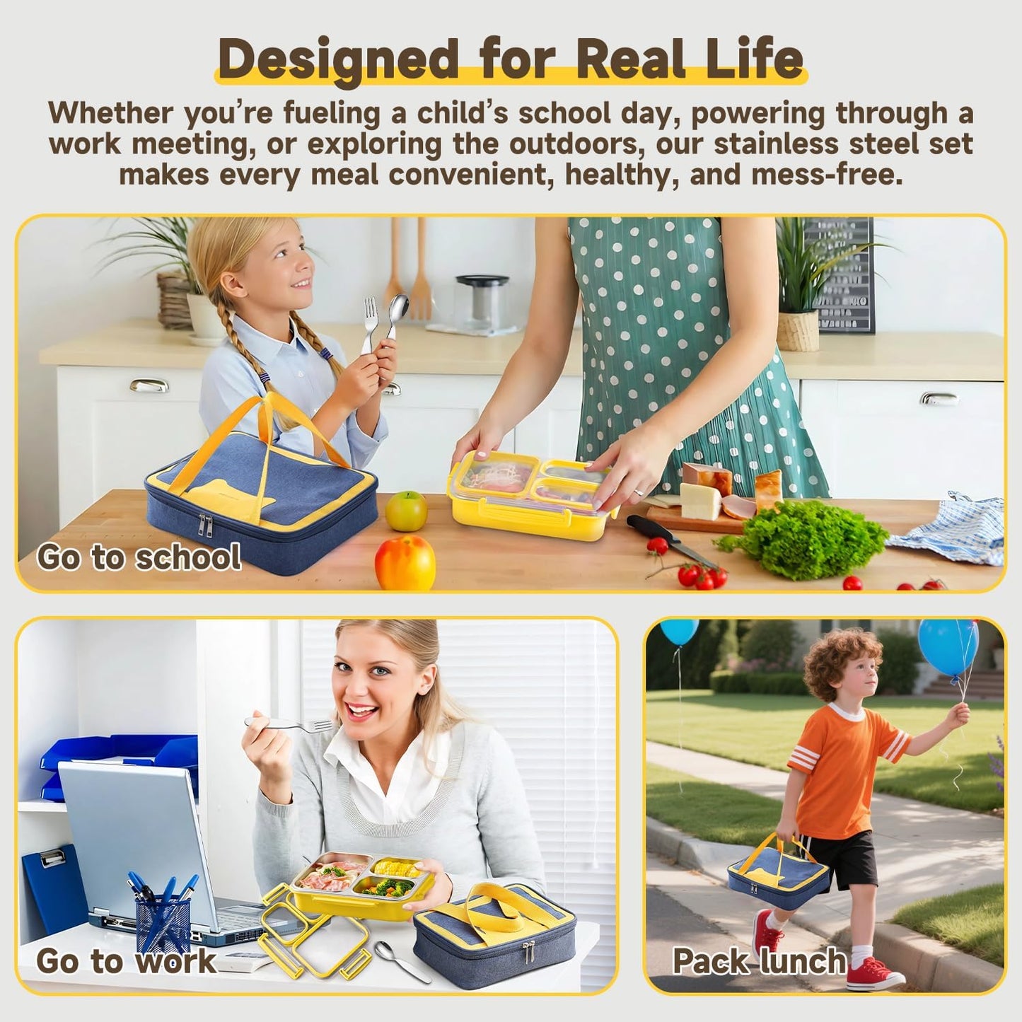 Stainless Steel Bento Lunch Box Set with Spoon, Fork & Insulated Lunch Bag, 25oz Leakproof Bento Box for Adults & Kids, Ideal for School, Home, Office, Picnic & Healthy meal prep containers (yellow)